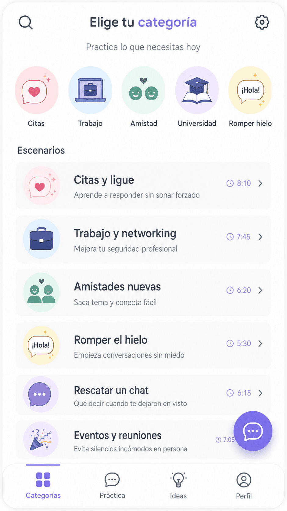 Pantalla de categorías para practicar conversaciones